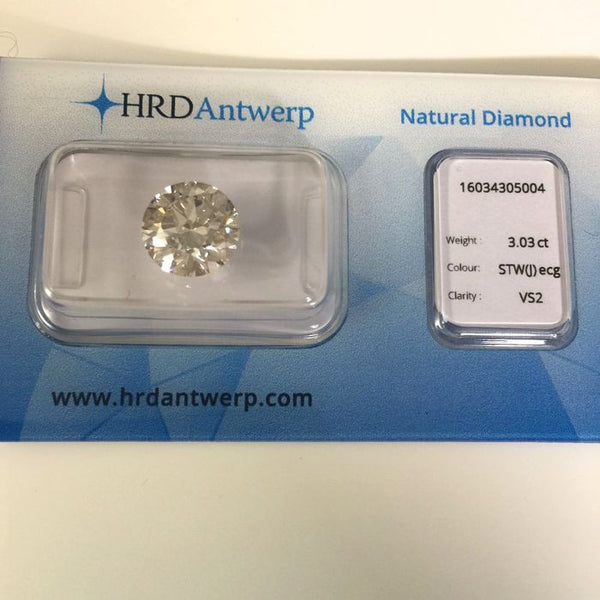 Certified Diamond 3.03 ct. Round Cut - J / VS2 - HRD Certificate