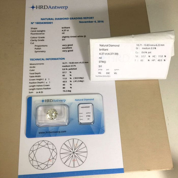 Certified Diamond 4 37 ct. Round Cut J SI1 HRD Certificate