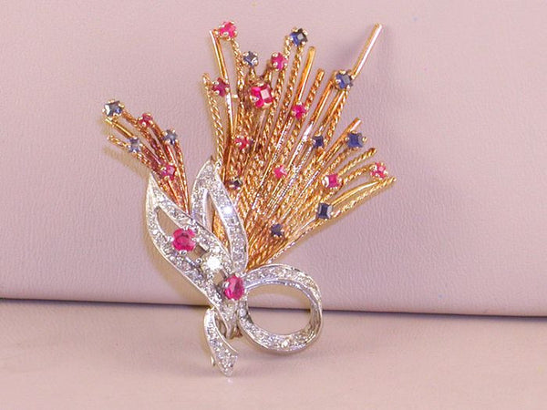 Unique 18 kt Brooch with Diamonds Sapphires and Ruby's- 1.13 ct