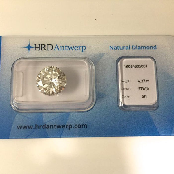 Certified Diamond 4,37 ct. Round Cut - J / SI1 - HRD Certificate