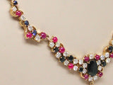 Unique "Frosted" Diamond Sapphire and Ruby Necklace - 18 K Yellow Gold